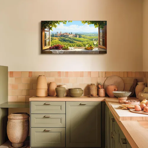 Vista 2 de crmotu Vineyard Arte de Pared de Ventana Falsa, Obra de Arte Grande de Paisaje de Campo Italiano, Impresiones de Campos de Uva Decoración de Pared