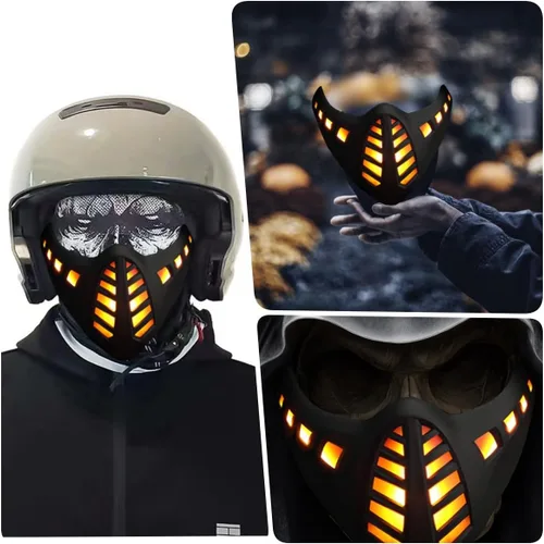 Vista 7 de Halloween LED Samurai Cyber Ninjia Robot Punk Oni Demon Motorcycle Knight Light Up Half Face Máscaras para Airsoft Tactical Paintball CS