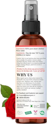 Vista 2 de Blise organic Agua de rosas 100% pura, natural y orgánica, libre de conservantes, destilada al vapor de los mejores pétalos de rosa, sin alcohol