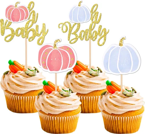 Vista 13 de Paquete de 24 adornos para cupcakes de calabaza para niños o niñas, con purpurina para revelación de género, calabaza, pies de bebé, para baby