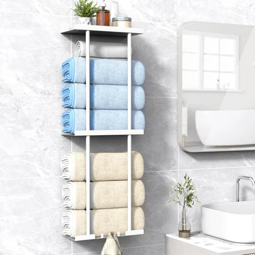 Vista 10 de Liuoud Toallero para Baño, Organizador Portador de Almacenamiento de Toallas Enrolladas Vertical Montado en la Pared con Estante, Sostiene Hasta 6