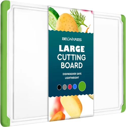 Vista 13 de Tabla de cortar de plástico para cocina, tabla de cortar extragrande de 18 pulgadas, ranura para jugos, pies antideslizantes, apta