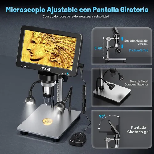 Vista 8 de Hayve 7" IPS Microscopio Digital 1200X DM9 Microscopio Moneda con Luces Sensor de cámara de 16 MP, 10 luces LED, control remoto con cable