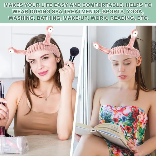 Vista 6 de 2 diademas de lavado facial con palmera y caracol, bandas para el cabello de spa, diademas de maquillaje para mujeres, de dibujos animados, de forro