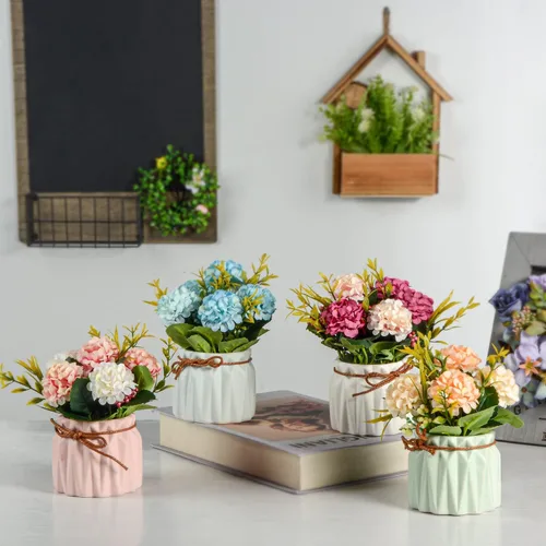 Vista 4 de Plantas de flores artificiales – Mini flores de hortensias falsas en maceta para decoración del hogar, fiesta, boda, oficina, patio, mesa