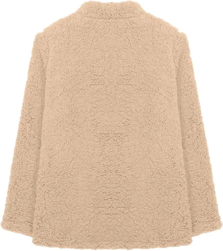Vista 3 de BAXLIMEK Cárdigan de sherpa mullido para mujer, otoño e invierno, moderno, liso, con botones, abrigos de piel mullida, chaquetas suaves de manga