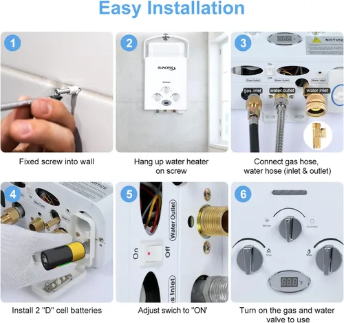 Vista 5 de Calentador de agua portátil sin tanque de propano – 6L 1.58GPM RV calentador de agua de gas bajo demanda con pantalla digital para exteriores