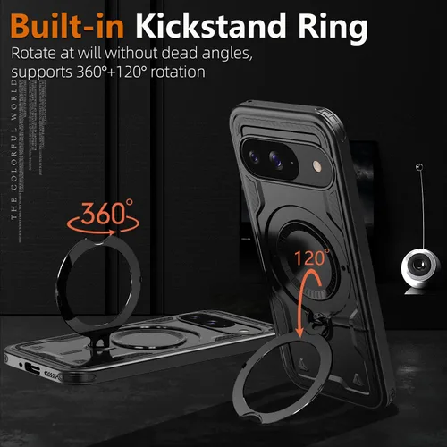Vista 4 de Funda magnética para Google Pixel 9 Pro XL compatible con cargador inalámbrico MagSafe, para Pixel 9 Pro XL con soporte de 360° + 2 protectores