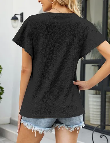 Vista 5 de MEROKEETY Camisetas de verano con mangas con volantes para mujer, cuello redondo, ajuste holgado, estilo casual