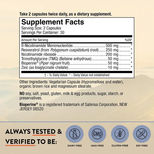 Vista 2 de Mt. Angel Vitamins Suplemento NMN + NR con resveratrol y TMG, precursores duales de NAD+ para energía celular y envejecimiento saludable, 60 cápsulas
