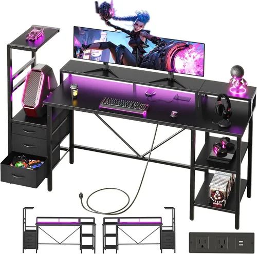 Vista 58 de Mericonia Escritorio para juegos de 52 pulgadas con cajones, escritorio reversible para computadora, color negro