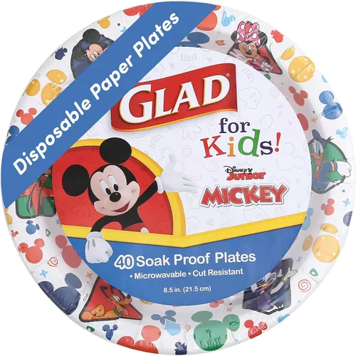 Vista 7 de Glad para Niños Platos de Papel Desechables de Disney Mickey y sus Amigos - Resistentes, A Prueba de Remojo, Aptos para Microondas, Platos
