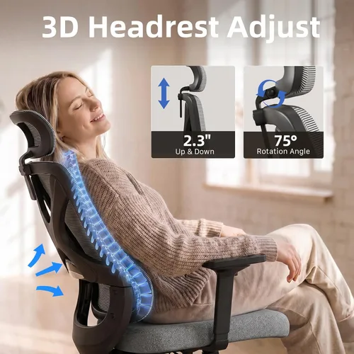 Vista 4 de Silla de escritorio ergonómica de respaldo alto con soporte lumbar ajustable y reposacabezas, silla de escritorio de oficina en casa