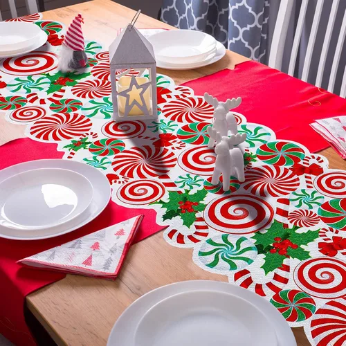 Vista 5 de Kingdder Camino de mesa de Navidad con bastón de caramelo, menta, rojo, blanco, verde, piruleta, moño, mantel de mesa, decoración de fiesta