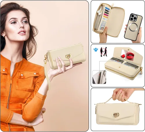 Vista 3 de Funda tipo cartera cruzada para iPhone 16 Pro de 6.3", funda magnética desmontable de piel sintética floral con tarjetero con bloqueo RFID, pulsera