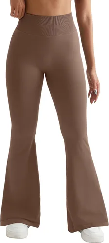 Vista 5 de RUUHEE Pantalones de yoga cruzados acanalados para mujer con bolsillos, cintura alta, acampanados, leggings acampanados