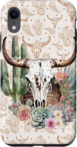 Vista 25 de Western Boho Chic Longhorn Bull Skull Cactus Beige Pattern Case for iPhone 17