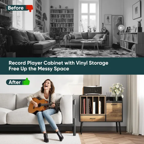 Vista 6 de Semiocthome Soporte para tocadiscos con caja de almacenamiento de vinilo anidable, mesa de tocadiscos con cajón, un gabinete, área de almacenamiento