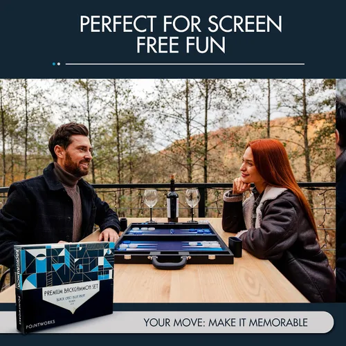 Vista 6 de Pointworks Juego de Backgammon Premium de 19 Pulgadas para Adultos de Cuero Negro - Azul. Juego de Fichas y Dados Premium de 1.6 Pulgadas, Juego