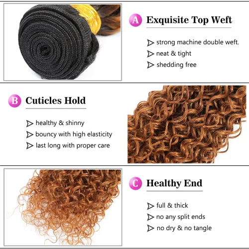 Vista 4 de Extensiones de cabello rizado brasileño ombré, 3 paquetes de extensiones de cabello humano 1B/30, paquetes de cabello humano rizado degradado