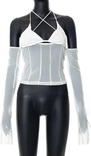 Vista 4 de SansoiSan Womens Hollow Out Sexy Mesh Patchwork Crop Camis Long Sleeve T-Shirt Tops