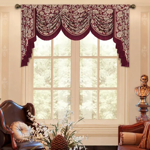 Vista 14 de Loom and Mill Cenefa de cascada de lujo de jacquard para sala de estar, elegantes cenefas de ventana con festones y cuentas damascadas, cortinas