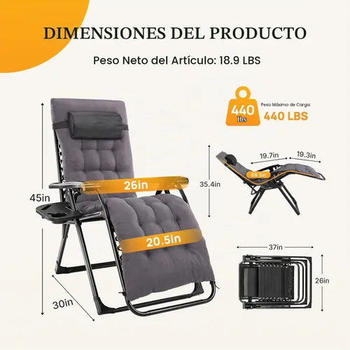 Vista 3 de NEWBULIG Silla de gravedad cero, reclinable plegable para patio con Gris-oscuro