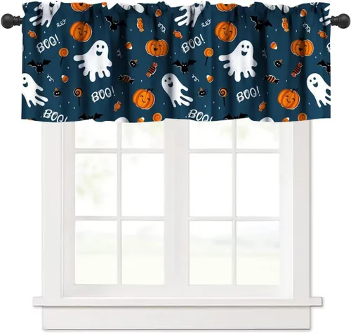 Vista 7 de Cortina de cenefa para fiesta de Halloween, diseño de dibujos animados, lindo fantasma, castillo sombrío, calabaza, murciélago, bolsillo para barra