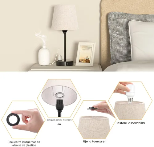 Vista 6 de Mini Lámparas de Mesita de Noche para Dormitorios Juego de 2 - Lámparas de Mesita de Noche para Dormitorio con Puerto USB C y Toma de Corriente AC