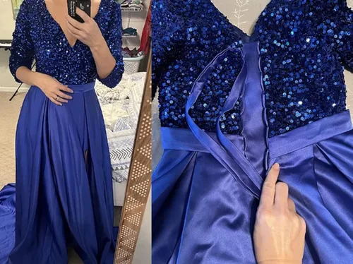 Vista 6 de Chady Vestidos de fiesta de noche sexy con cuello en V y manga larga con abertura 2022 con lentejuelas brillantes