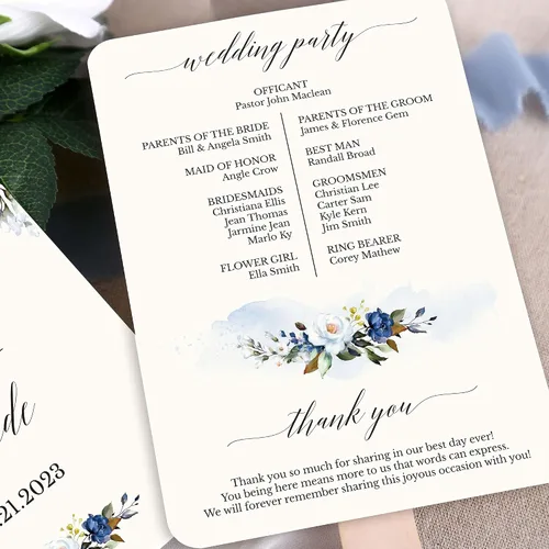 Vista 5 de DORIS HOME Abanico de Programa de Bodas Azules Personalizado, 50 Uds., 5 pulgadas de ancho x 7 pulgadas de alto, lazos de cinta azul con perlas 5