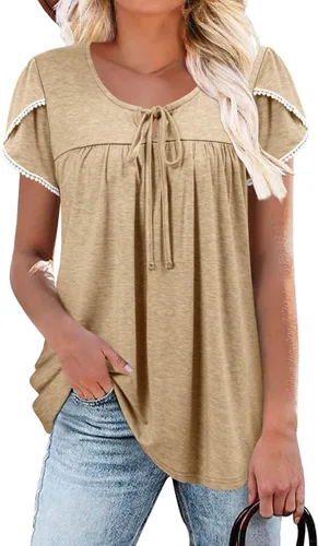 Vista 22 de BETTE BOUTIK Blusas de verano para mujer, plisadas, de manga corta, con cordón, cuello redondo, tallas S-3XL