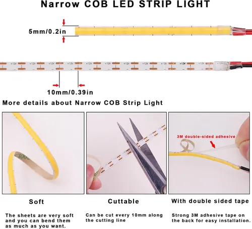 Vista 5 de TOPAI Tira de luz LED COB delgada de 12 V, 5mm (0.197 in), 3000 K, blanco cálido, 16.4 pies, brillante, 4000 lm, CRI>90, uniforme sin puntos, 400