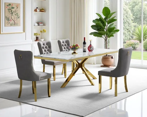 Vista 17 de Juego de mesa de comedor de mármol para 6, mesa de cocina rectangular de mármol blanco de 68 pulgadas con patas en X de acero inoxidable dorado