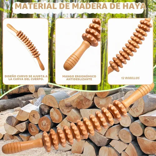 Vista 6 de Herramientas de rodillo de masaje de terapia de madera curva, drenaje linfático, masaje de celulitis y rodillo muscular de madera para cintura