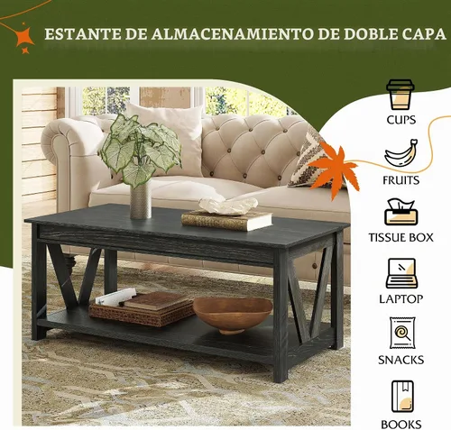 Vista 5 de WLIVE Mesa de Centro, Mesa de Centro Estilo Granja de 43" con Estante de Almacenamiento y Soporte Resistente en Forma de V, Mesa Central de Madera
