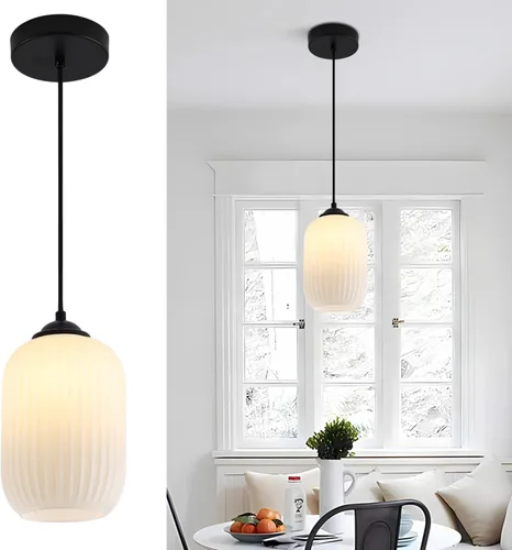 Vista 9 de Luces Colgantes Modernas de Mediados de Siglo para Isla de Cocina, Lámpara Colgante Grande de Vidrio Lechoso Acanalado, Accesorio de Iluminación