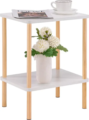 Vista 14 de Apicizon - Mesa auxiliar de 2 niveles, pequeña mesa auxiliar con patas de madera maciza, mesa de noche estilo boho con estante de almacenamiento