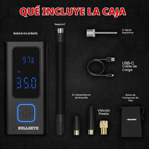 Vista 6 de BULLSEYE - Compresor de aire portátil para neumáticos, bolas, bicicleta con válvula Persta, apagado automático, se infla en 2 minutos, recargable
