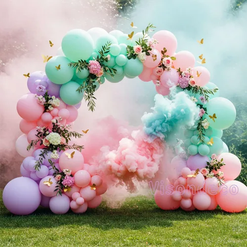 Vista 4 de Kit de arco de globos rosa, morado y verde menta, globos pastel de doble relleno con mariposas doradas para baby shower, cumpleaños de niña, tema