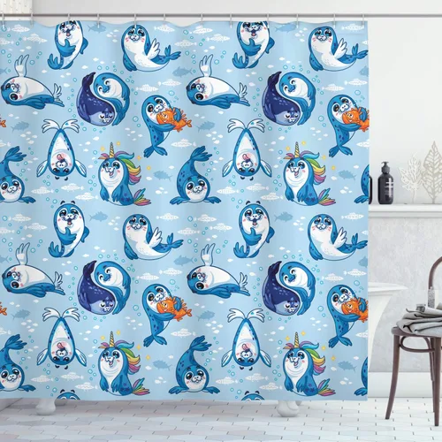Vista 24 de Ambesonne Cortina de ducha con diseño de ciervo, silueta de animales del bosque brumoso en la naturaleza, diseño de dibujos animados, decoración