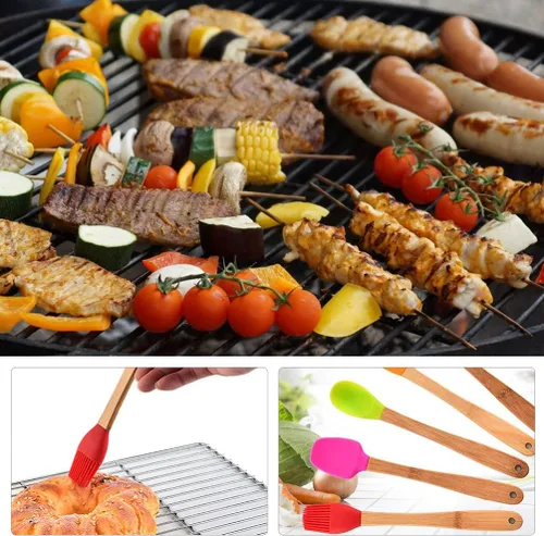 Vista 6 de DOITOOL Juego de 5 espátulas de silicona, resistentes al calor con mango de madera, utensilios de cocina antiadherentes con cepillo para untar