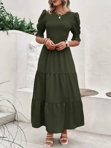 Vista 87 de BTFBM Vestidos para mujer, cuello redondo, casual, de verano, con volantes, manga corta, bohemio, con niveles, fruncido, largo, con estampado floral