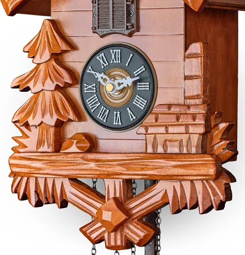 Vista 8 de TIMEGEAR Reloj de cuco de madera con modo nocturno, péndulo oscilante y movimiento de cuarzo (cereza)