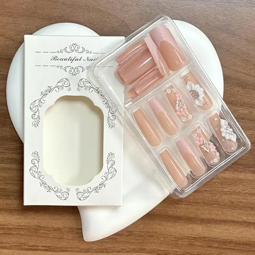 Vista 6 de Uñas postizas a presión de mariposa, uñas postizas largas de punta francesa con diseño de ataúd rosa, diamantes de imitación de flores, pegamento