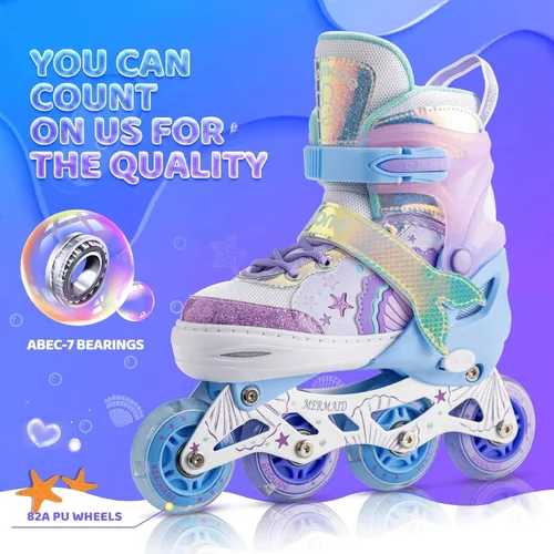 Vista 6 de NEMONE Mermaid - Patines de ruedas ajustables con luz de 4 tamaños para niñas S (10C-13C US) y M (13C-3Y US)