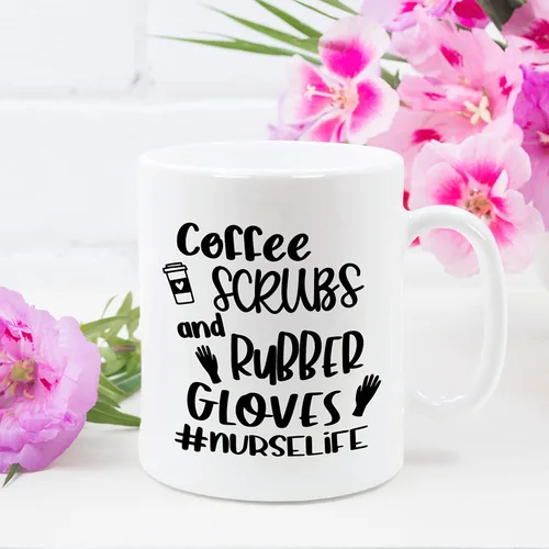 Vista 4 de Exfoliantes de café y guantes de goma #Nurselife, taza de café impresa para enfermera, regalo para enfermera (diseño 1, 11 onzas)