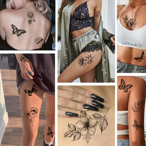 Vista 3 de Tazimi 6 hojas de tatuajes temporales de mariposa de flores negras para mujeres y niñas, de larga duración, realistas, impermeables, tatuajes falsos