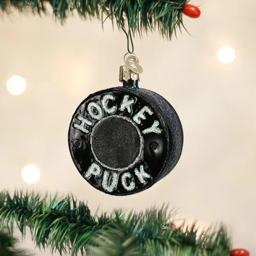 Vista 2 de Old World Christmas - Adorno de disco de hockey de vidrio soplado para árbol de Navidad, decoración festiva artesanal, colección deportiva