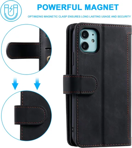 Vista 6 de UEEBAI Funda tipo cartera para iPhone 12 Mini de 5.4 pulgadas, retro 9 ranuras para tarjetero, bolsillo con cremallera, cierre magnético, función
